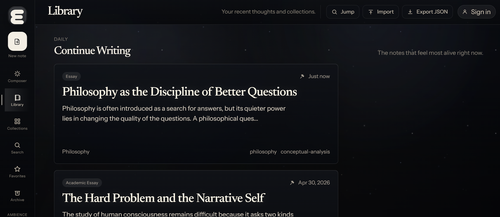 Essence library screen showing dark theme notes, sidebar navigation, and research-focused note cards
